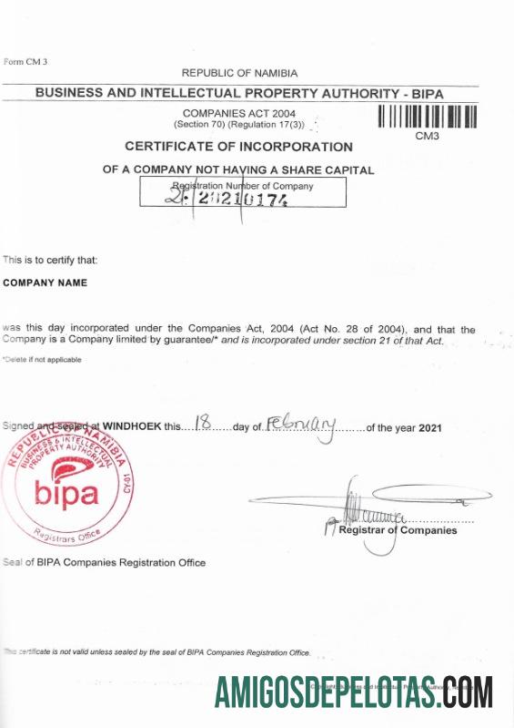 Namibia Certificate Of Corporation modelo